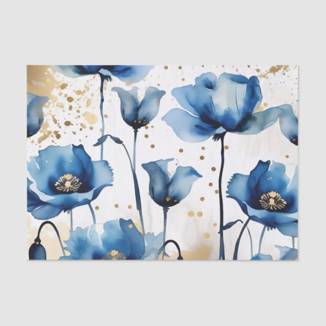 Papier Mousseline Aquarelle Elegant Blue Poppies (Recto)