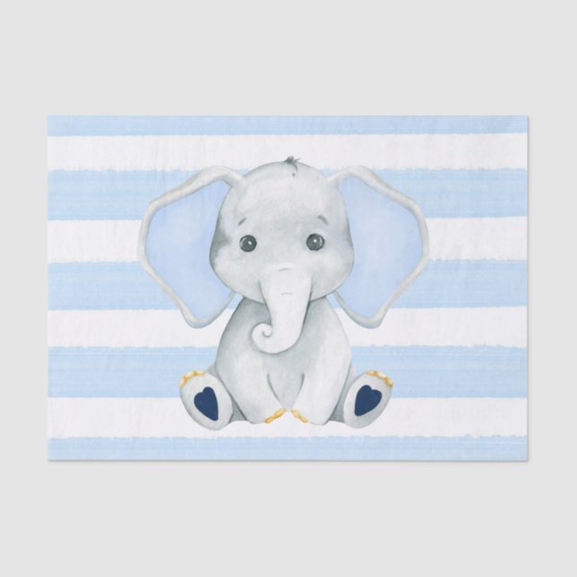 Papier Mousseline Aquarelle Elephant Avec Baby shower Bleu Stripes (Recto)