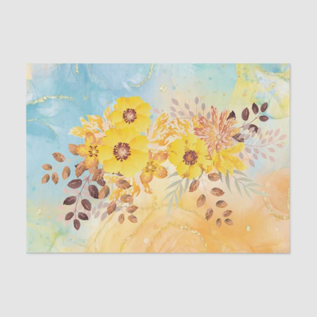 Papier Mousseline Aquarelle en marbre bleu jaune Découpage Ti (Recto)