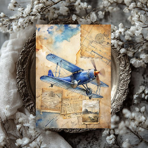 Papier Mousseline Aquarelle été voyage bleu rétro avion