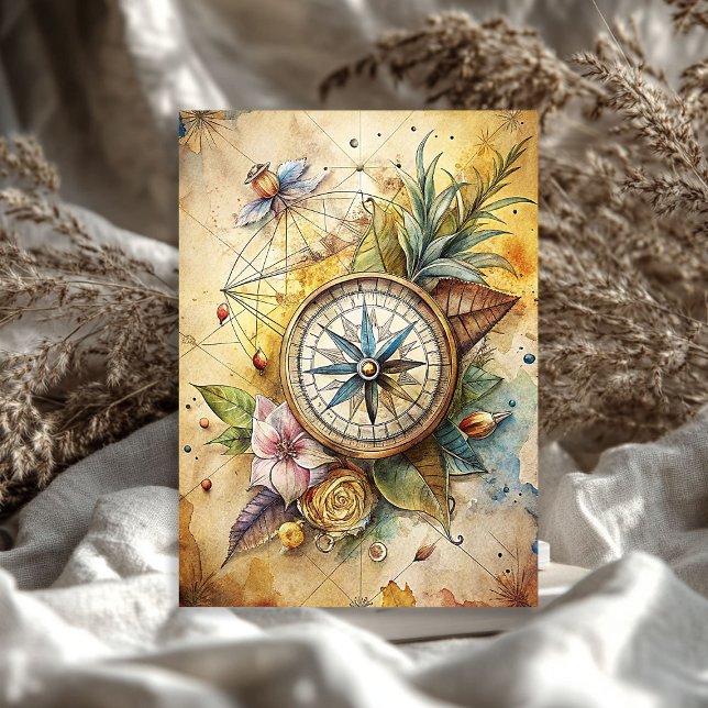 Papier Mousseline Aquarelle été voyage boussole fleurie rétro (Watercolor summer travel retro floral compass tissue paper)