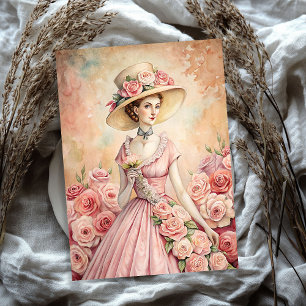 Papier Mousseline Aquarelle femme vintage avec roses roses roses
