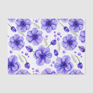 Papier Mousseline Aquarelle Fleurs violettes et Feuilles verts Flora