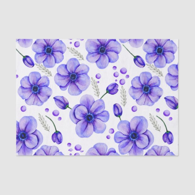 Papier Mousseline Aquarelle Fleurs violettes et Feuilles verts Flora (Recto)