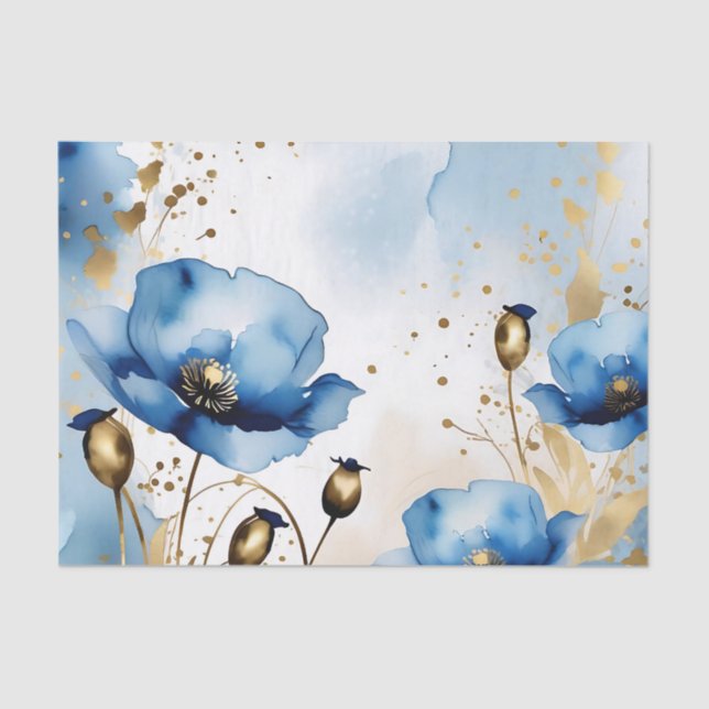 Papier Mousseline Aquarelle Floral Blue Poppies (Recto)