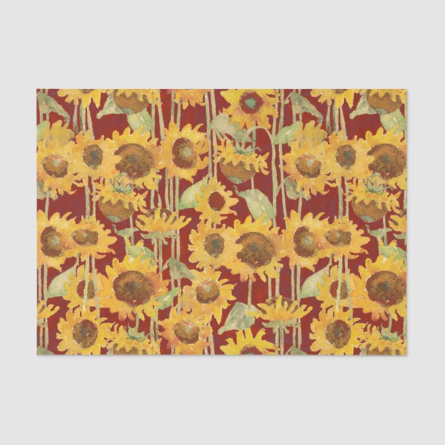 Papier Mousseline Aquarelle florale de tournesol jaune sur rouge (Recto)