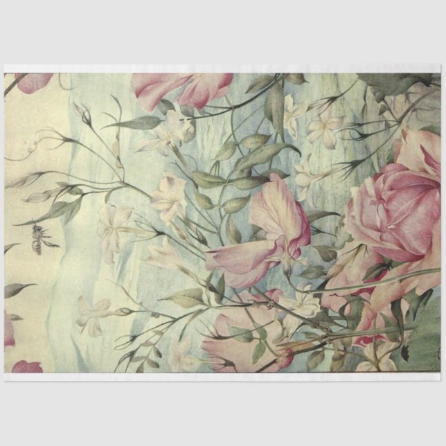 Papier Mousseline Aquarelle Florale rose et bleu (Recto)