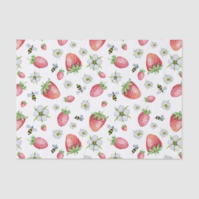 Papier Mousseline Aquarelle Fruit fraise, abeilles et fleurs (Recto)