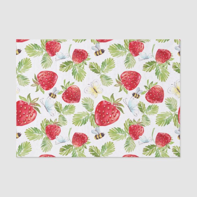 Papier Mousseline Aquarelle Fruit fraise, abeilles et papillons (Recto)