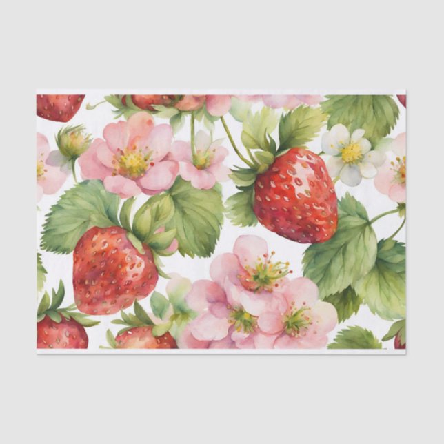 Papier Mousseline Aquarelle Fruit fraise et Fleurs roses (Recto)