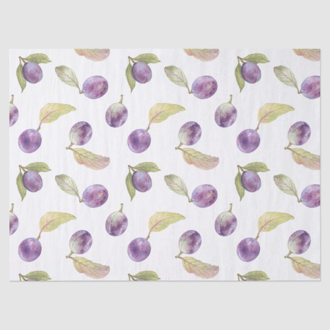Papier Mousseline Aquarelle Fruit Plum avec Feuille Blanc (Recto)
