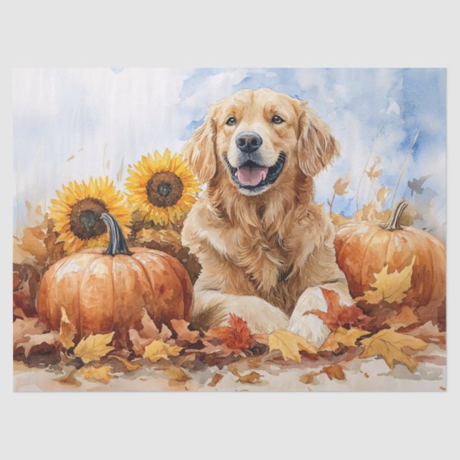 Papier Mousseline Aquarelle Golden Retriever avec découpage Citrouil (Recto)