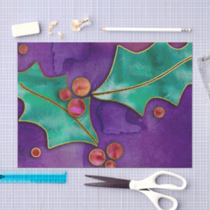Papier Mousseline Aquarelle Holly Berries Purple Vert Rouge Vacances