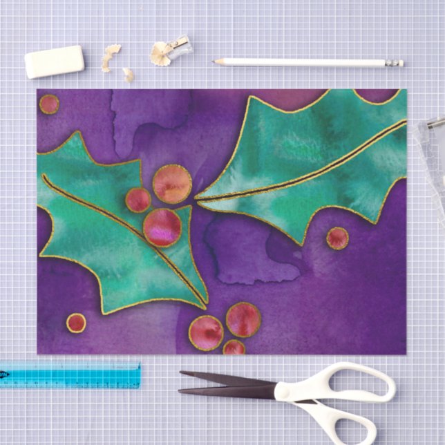 Papier Mousseline Aquarelle Holly Berries Purple Vert Rouge Vacances (Artisanat)