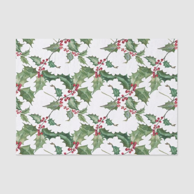 Papier Mousseline Aquarelle Holly et Berries rouges (Recto)
