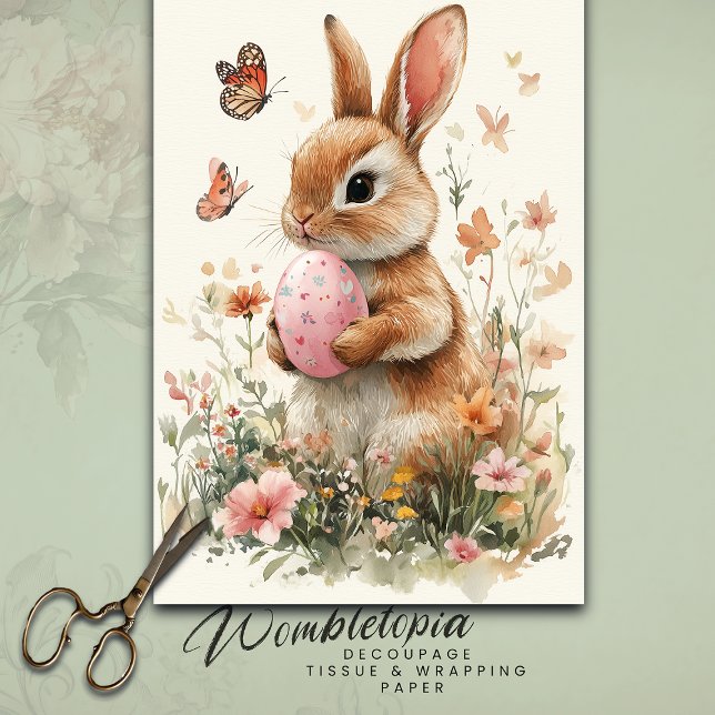 Papier Mousseline Aquarelle Lapin de Pâques avec Oeuf Peint & Fleurs (Créateur téléchargé)