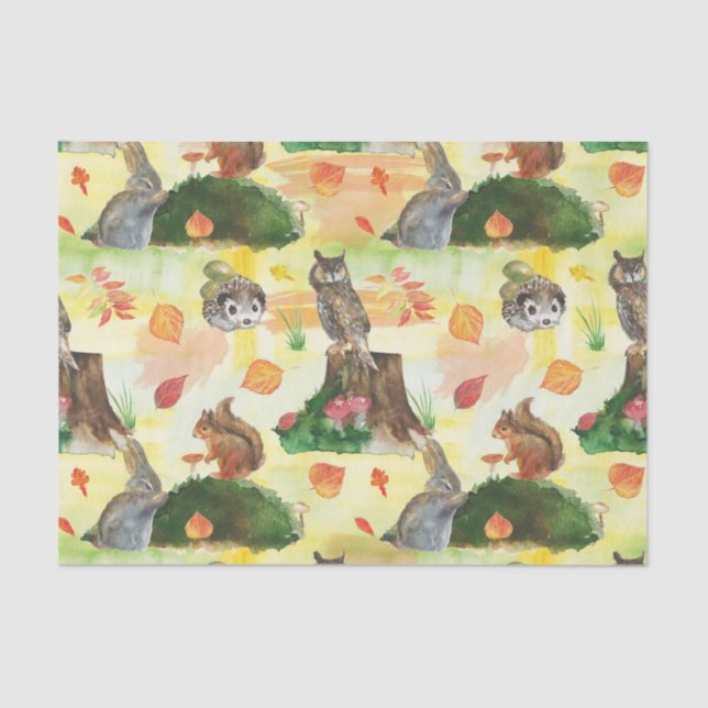 Papier Mousseline Aquarelle Lapin, hibou, écureuil, hérisson (Recto)