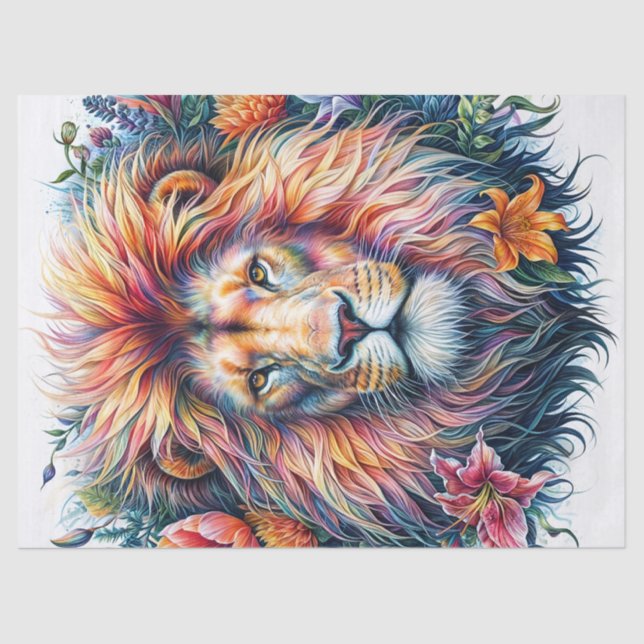 Papier Mousseline Aquarelle Lion coloré Floral (Recto)