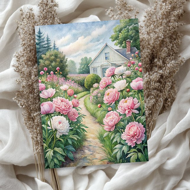 Papier Mousseline Aquarelle maison blanche douillette jardin de pivo (Watercolor cozy white house pink peonies garden tissue paper)