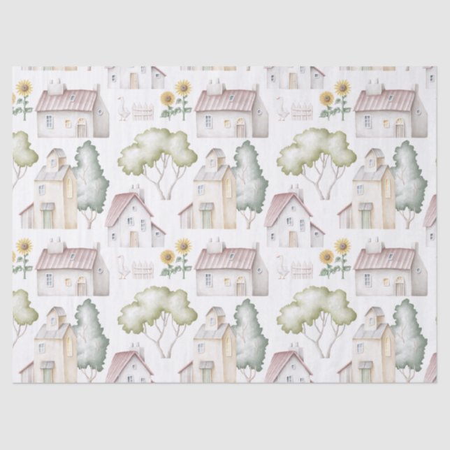 Papier Mousseline Aquarelle Maisons, Arbres et Découpage Fleurs de s (Recto)