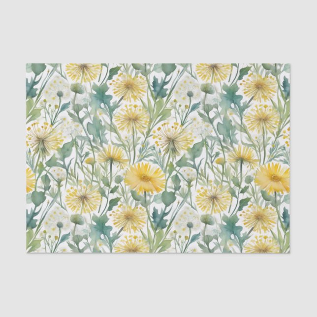 Papier Mousseline Aquarelle moderne Jaune Dandelions Motif Floral (Recto)