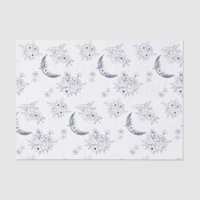 Papier Mousseline Aquarelle Moon & Botanical Art Motif Blue-Grey (Recto)