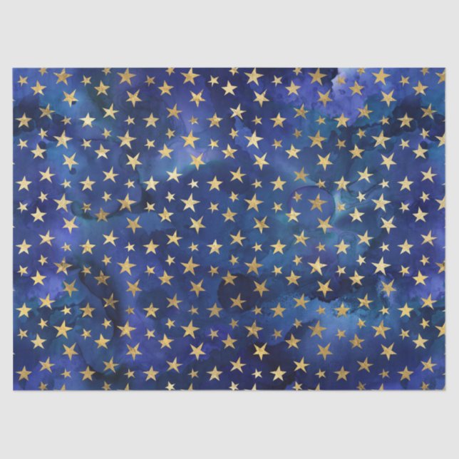 Papier Mousseline Aquarelle Motif bleu avec étoiles or (Recto)