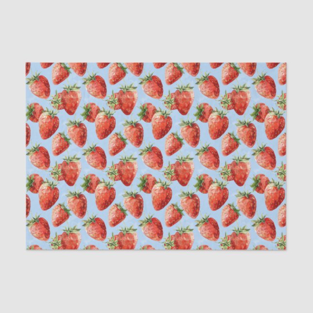 Papier Mousseline Aquarelle Motif de fraises Découpage bleu clair (Recto)