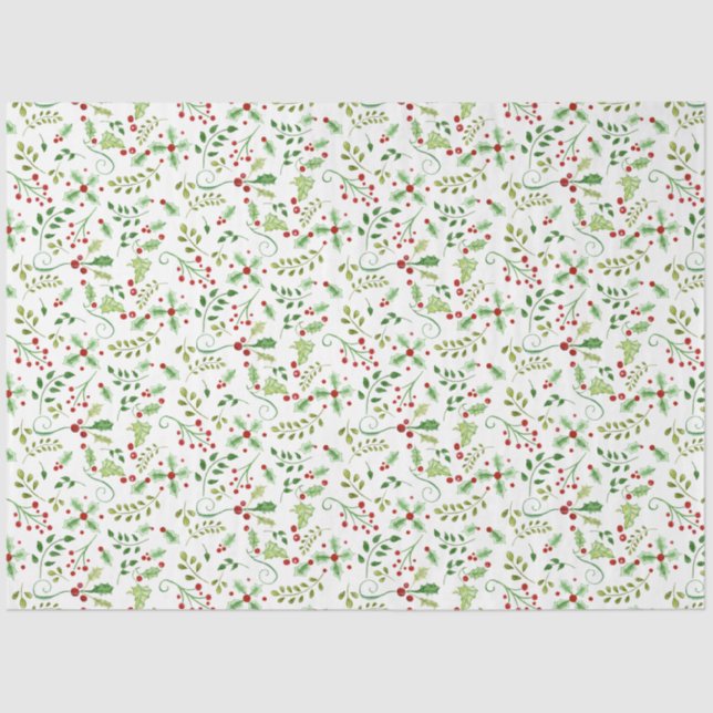 Papier Mousseline Aquarelle Noël Holly Berry Feuilles Rouge Vert (Recto)