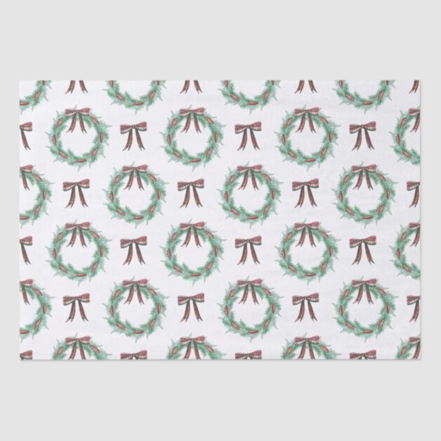 Papier Mousseline Aquarelle Noël Plaid Bow Wreath (Recto)
