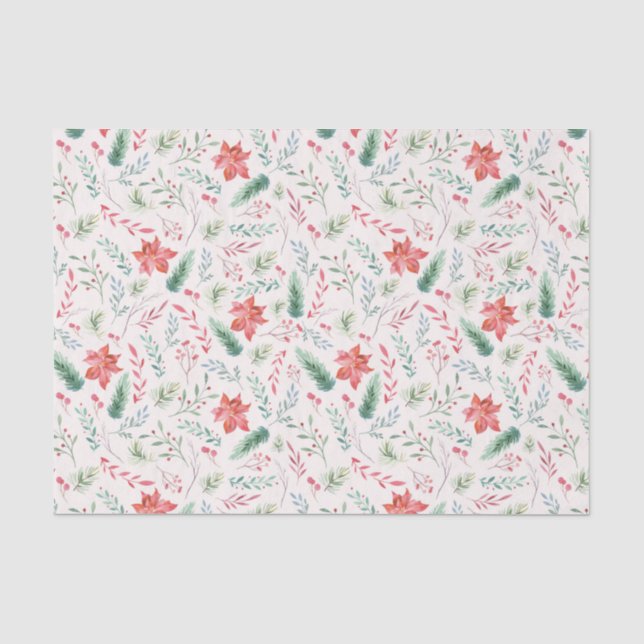 Papier Mousseline Aquarelle Noël Vert Flore rouge blanc (Recto)
