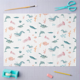 Papier Mousseline Aquarelle Océan Motif d'animaux marins