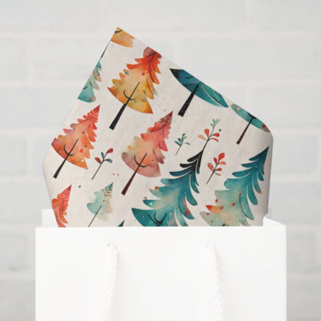 Papier Mousseline Aquarelle or et arbres verts de Noël (Sac cadeau)