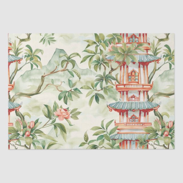 Papier Mousseline Aquarelle Pagode asiatique dans paysage verdoyant  (Recto)