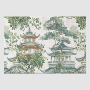 Papier Mousseline Aquarelle Pagode asiatique dans paysage verdoyant