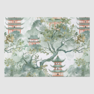 Papier Mousseline Aquarelle Pagode asiatique dans paysage verdoyant