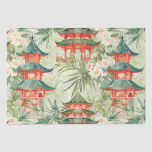 Papier Mousseline Aquarelle Pagode asiatique dans paysage verdoyant 