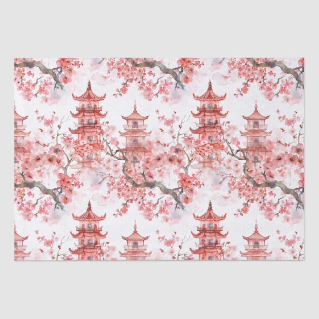 Papier Mousseline Aquarelle Pagode chinoise avec fleurs de cerisiers (Recto)