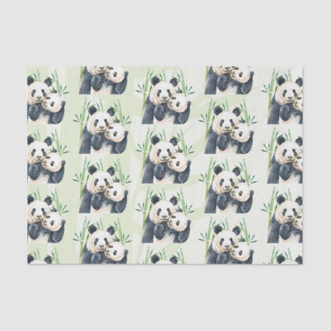 Papier Mousseline Aquarelle Panda Ours Maman & Bébé en Bambou (Recto)