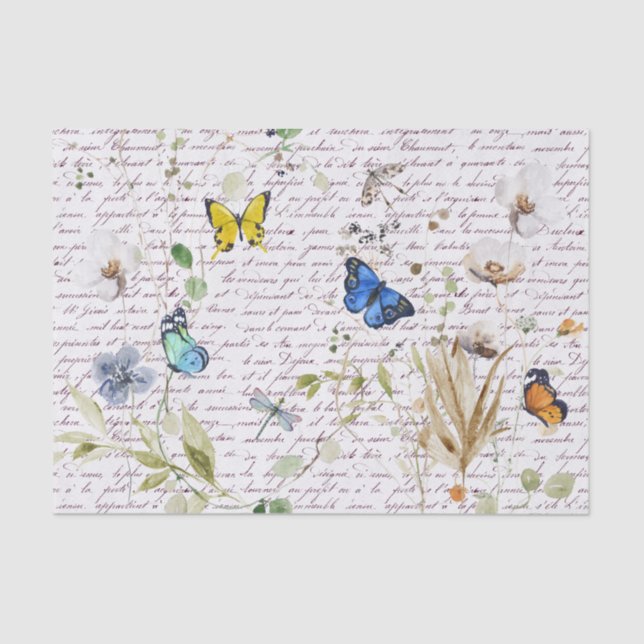 Papier Mousseline Aquarelle Papillon Fleur sauvage Découpage (Recto)