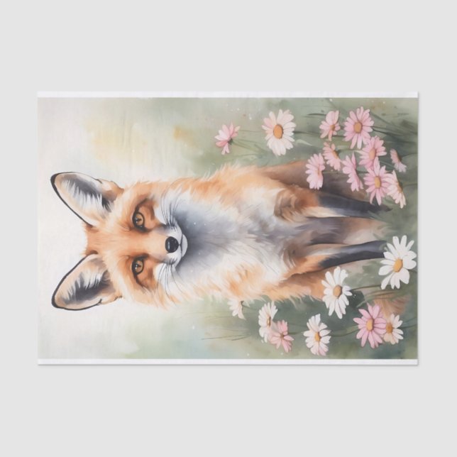 Papier Mousseline Aquarelle Peinture Fox avec Fleurs marguerites (Recto)