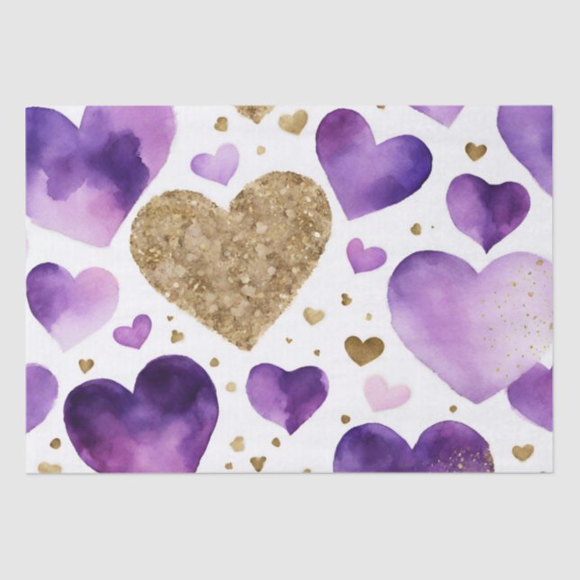 Papier Mousseline Aquarelle Purple et Gold Ink Valentines Coeurs (Recto)