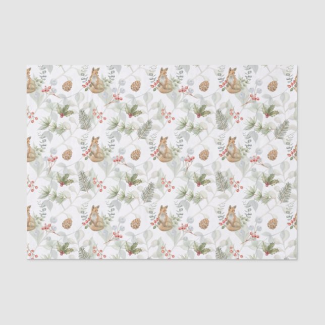 Papier Mousseline Aquarelle Renard de Noël, Branches de pins, Baies (Recto)