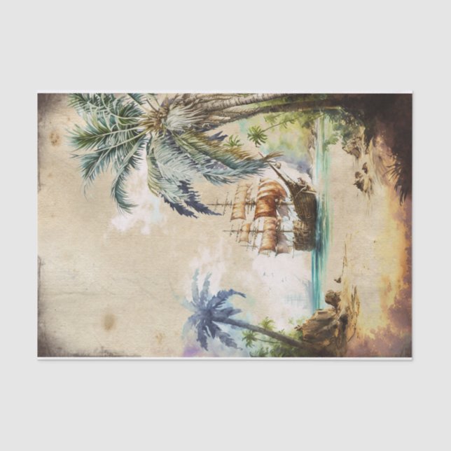 Papier Mousseline Aquarelle Rétro Pirate Bateau Palm Tree Decoupage (Recto)