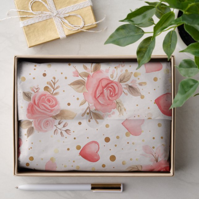 Papier Mousseline Aquarelle rose de Valentine Roses et coeurs (Cadeau)