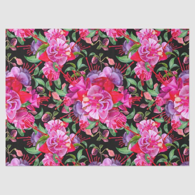 Papier Mousseline Aquarelle rose et noire Fuchsia Blooms (Recto)