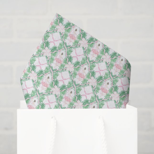 Papier Mousseline Aquarelle rose et vert Ballerinas de Noël (Sac cadeau)