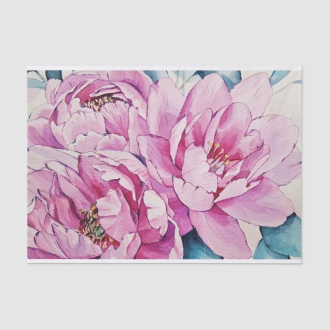 Papier Mousseline Aquarelle rose Grandes Fleurs de pivoine (Recto)