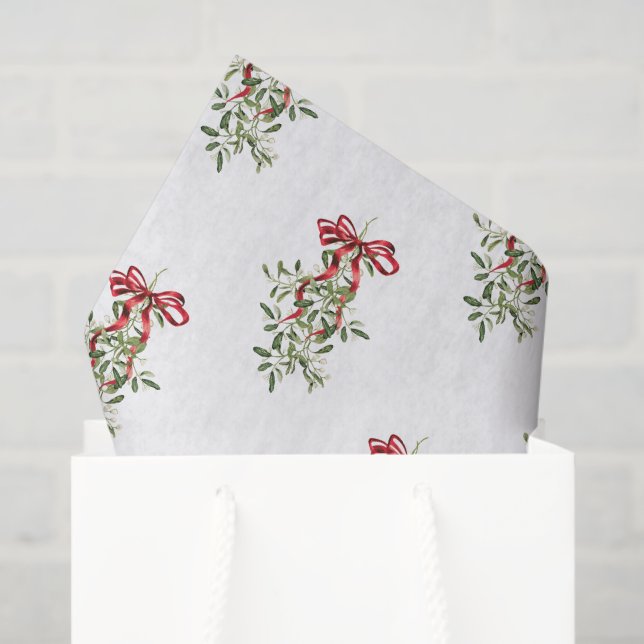 Papier Mousseline Aquarelle Rouge Bow Mistletoe Noël (Sac cadeau)