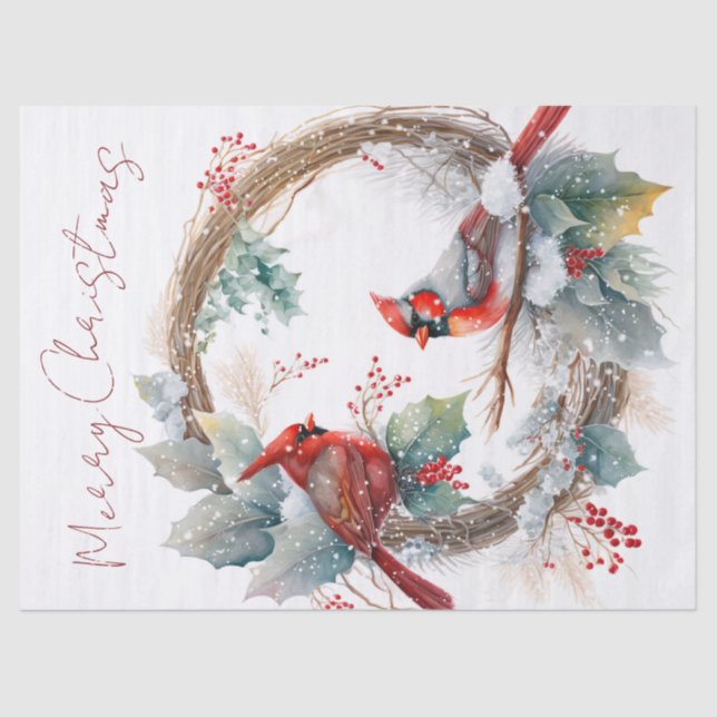 Papier Mousseline Aquarelle rouge cardinale Oiseau Noël d'hiver (Recto)